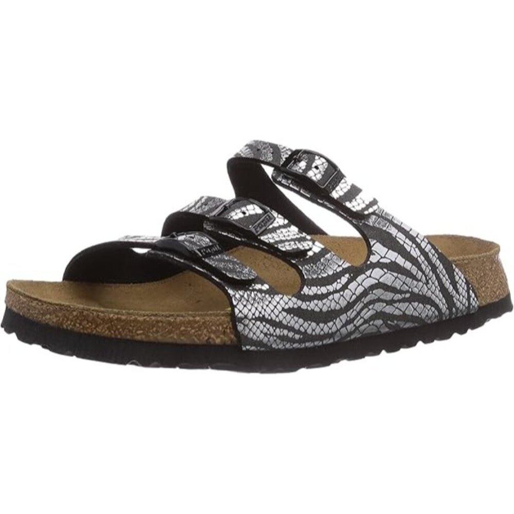 NEW Papillio Birkenstock Florida Sandals Metallic Silver Zebra Black EU 36 US 5